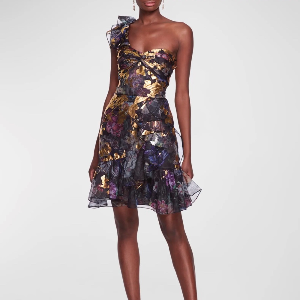 NEW Marchesa Notte Colorblock Floral-print One-shoulder Twisted Ruffle Dress